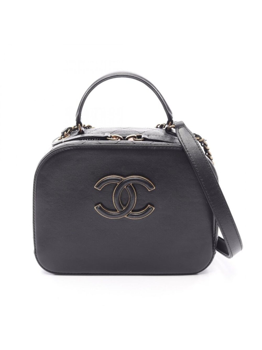 Chanel Shoulder Bag Quilted Vanity 2-Way Black Leather Top Handle Chain